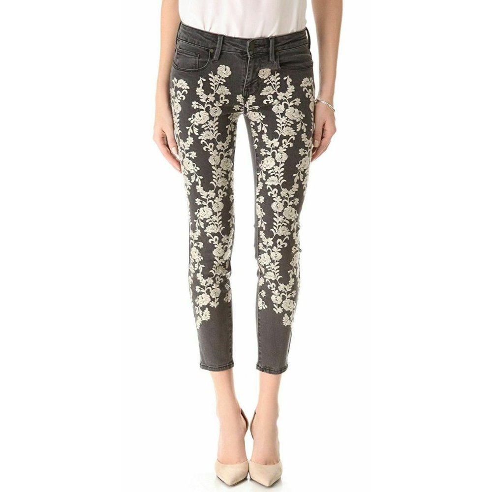 Genetic Denim Jeans 27 Gray Embroidered Floral Stretch Skinny Crops